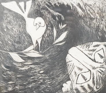 Luise Schorn, 'The cat and bird', signed in pencil, dated '89, limited edition 1/5, state VI, drypoint etching, 24 x 25cm